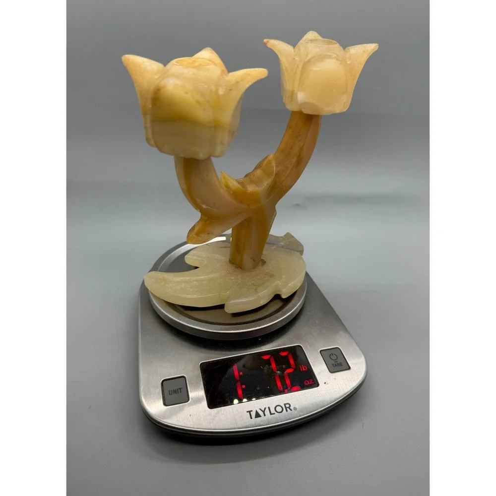 Vintage Onyx Stone Double Tulip Candle Holder Hand Carved Tan Cream 6in Heavy